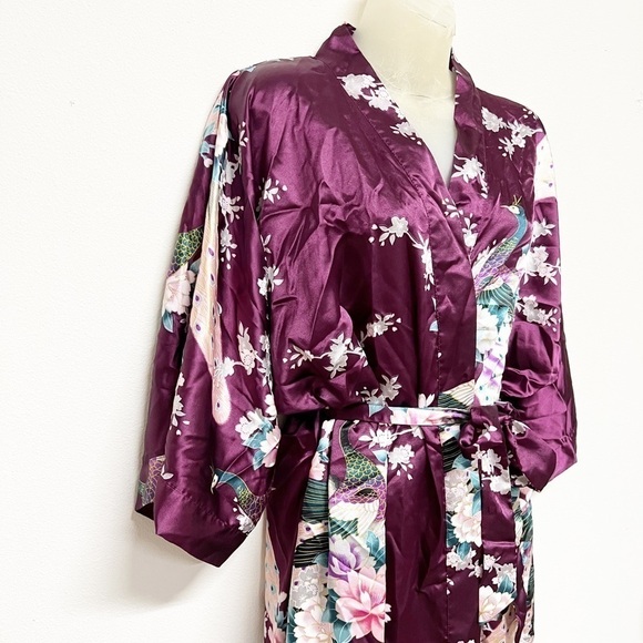 Old Shanghai Womens Dark Purple Peacock Feather Floral Print Belted Kimono Sz OS - Picture 3 of 8